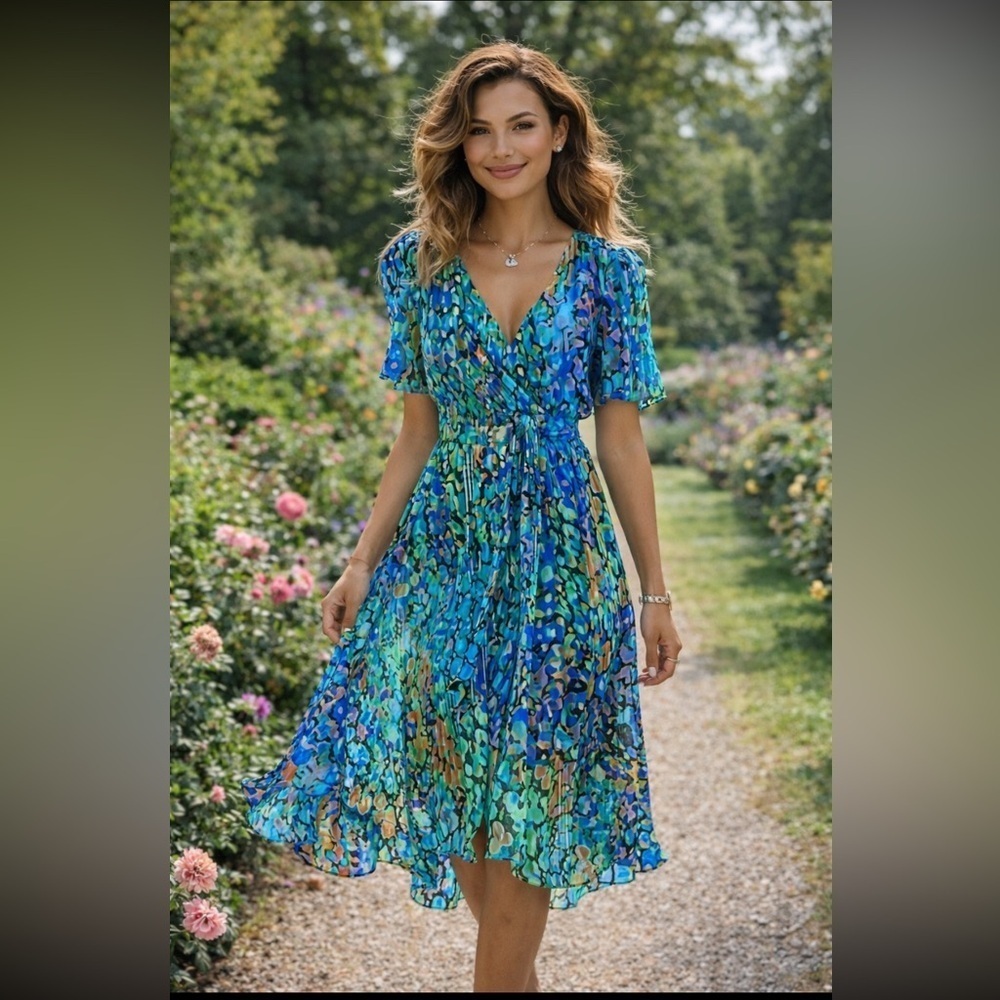 Blue Short Sleeve Midi Lined  Dress size M.
